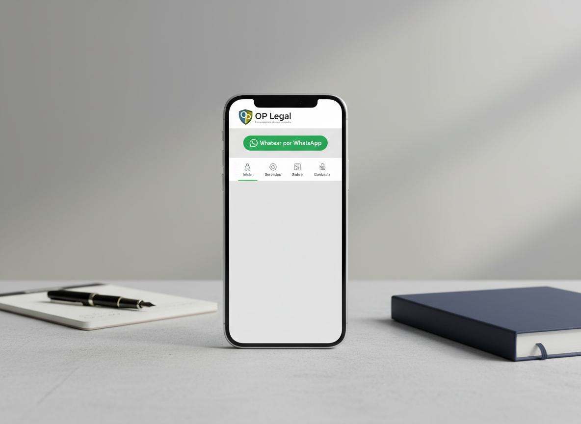 A clean smartphone lying on a light concrete-textured table, its screen displaying the OP Legal homepage in Spanish with a large, clearly visible WhatsApp chat button and simple navigation icons labeled Inicio, Servicios, Sobre and Contacto. Around the phone, only a slim notepad, a closed navy-blue legal binder and a black fountain pen add subtle legal context without clutter. The background fades into a soft, neutral gradient wall. Gentle overcast daylight from above-right creates smooth, shadowless illumination, ideal for mobile viewing. Captured from a slightly elevated angle with a shallow depth of field, the phone screen is crisp and bright while the surroundings softly blur. The mood is efficient, modern and reassuring, conveying a fast, straightforward way to contact a family law firm in Chile.