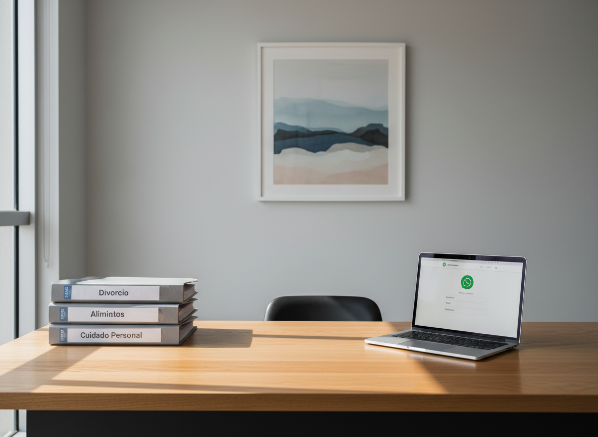 A modern law firm workspace designed for OP Legal, featuring a large, uncluttered oak desk with neatly stacked case folders labeled “Divorcio”, “Alimentos” and “Cuidado Personal” in Spanish. Beside them, a slim silver laptop displays a clean website interface with a prominent green WhatsApp call-to-action button and a simple contact form. Neutral gray walls and a single framed abstract artwork in muted blues and sand tones create a calm backdrop. Soft, diffused daylight enters from a side window, casting gentle shadows and subtle reflections on the desk. Photographed at eye level with a slightly wide angle and sharp focus throughout, the scene feels corporate, orderly and trustworthy, with a minimalist, photographic realism that matches a Chilean family law firm’s mobile-first, professional website.