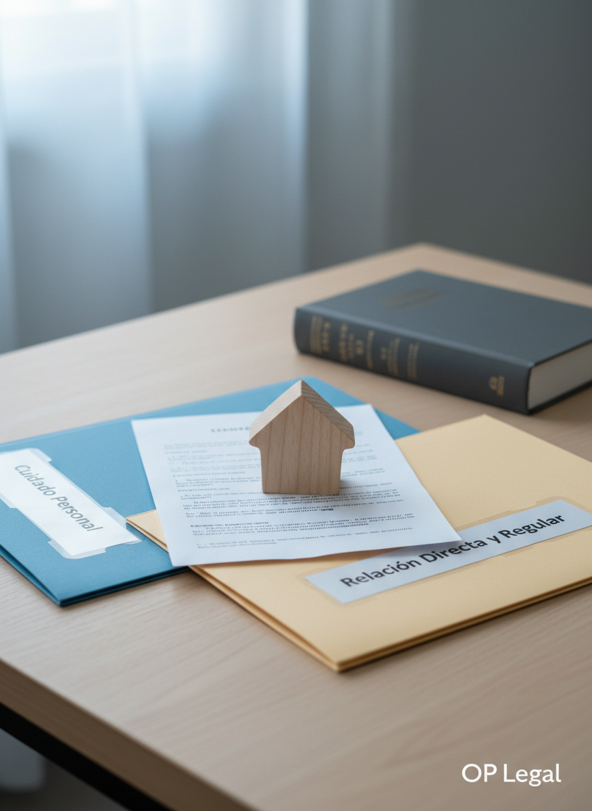 A carefully composed image of a child custody case workspace, with two contrasting yet neatly arranged folders on a pale wooden desk, one labeled “Cuidado Personal” and the other “Relación Directa y Regular” in clear Spanish text. Between them lies a small, simple wooden house figurine symbolizing the family home, resting on top of a printed court document. A closed, understated legal code book in dark gray sits in the background, slightly out of focus. Soft, cool daylight from a nearby window illuminates the scene, creating gentle highlights on the wood grain and folder edges. Shot at eye level with the rule of thirds and a clean, minimalist composition, the mood is empathetic, balanced and composed, reflecting OP Legal’s thoughtful handling of sensitive family matters.