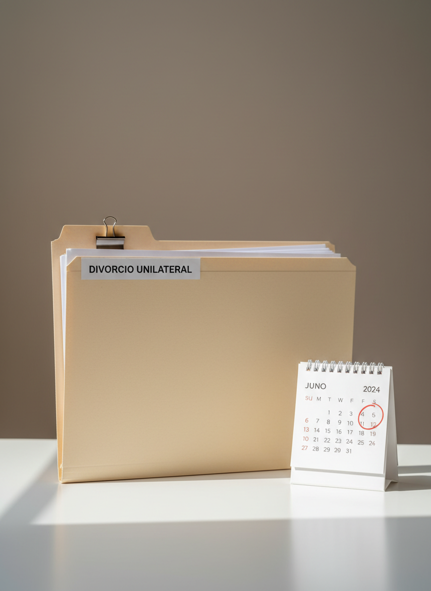 A focused still life of a single divorce case file on a minimalist white desk, the folder labeled “Divorcio Unilateral” in precise black lettering, with neatly aligned printed pages partially visible inside and a silver paperclip securing them. To the side rests a small, simple calendar showing the current month with a date circled in red, subtly suggesting urgency and important deadlines. The background is a smooth, neutral taupe wall, empty and distraction-free. Soft, directional window light from the left creates delicate contrasts and a calm, professional atmosphere, with clean shadows falling to the right. Photographed from a slightly elevated three-quarter angle with sharp focus and a corporate, photographic aesthetic, the scene conveys seriousness, speed and attention to time-sensitive divorce proceedings in Chile.
